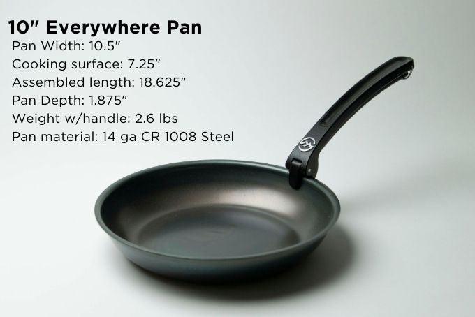 Two 10 inch carbon steel pans, one with the removable handle attached