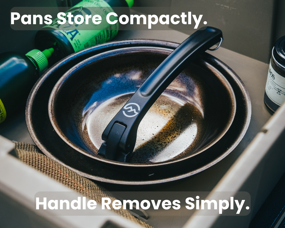 GOSO carbon steel pans stacked compactly with BigBite handle removed - space-saving storage for camp kitchen and home cabinet